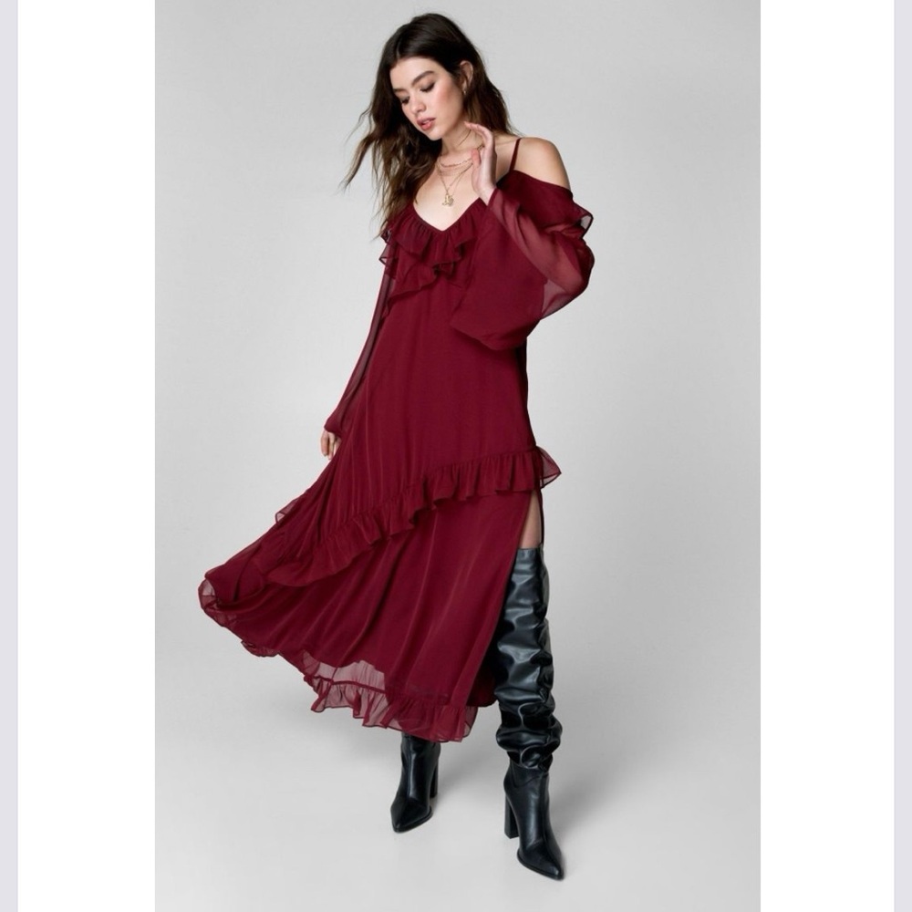 Nastygal Bardot Ruffle Maxi Dress Size US 6